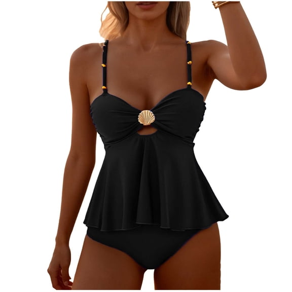 Perfectbot Women's Two-Piece Tankini Swimsuit with Seashell Decor, Flowy Peplum Top and High Waisted Bottom