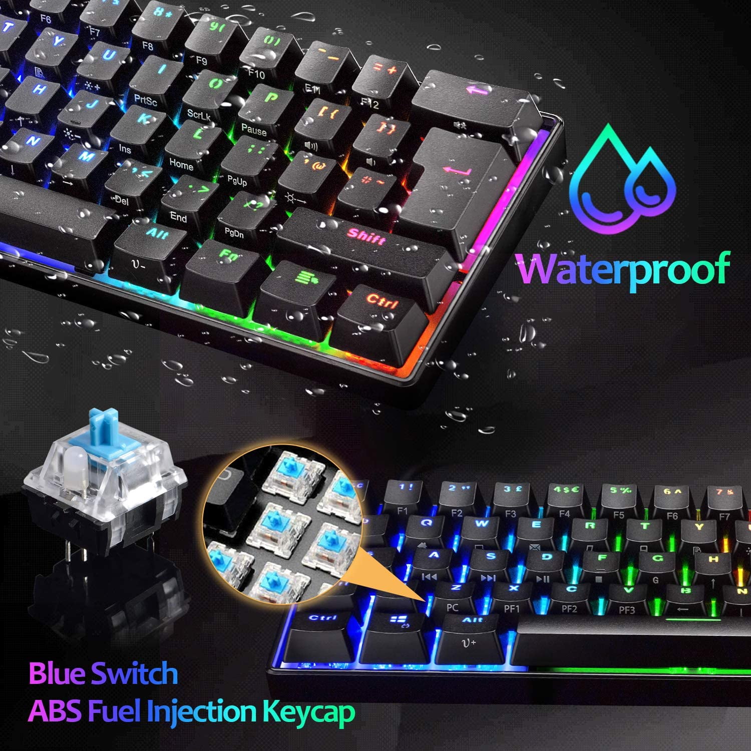 MAGIC-REFINER UK Layout 60% True Mechanical Gaming Keyboard Type C Wired 62 Keys RGB LED Backlit USB Waterproof Keyboard Full Anti-ghosting Keys for Computer/PC/Laptop/MAC (Black/Blue Switch)