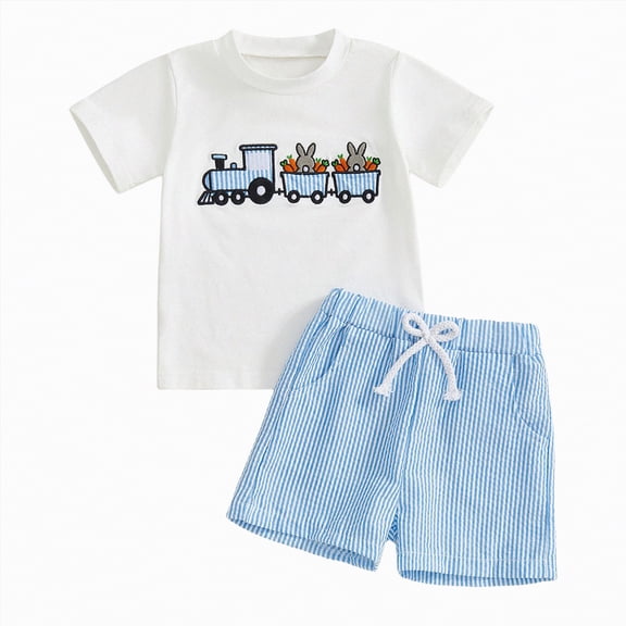 UAYOTSE Baby Boy Easter Rabbit Outfit Short Sleeve Carrot Smocked T Shirt Elastic Waist Shorts Summer Clothes,Sizes 6-12 Months
