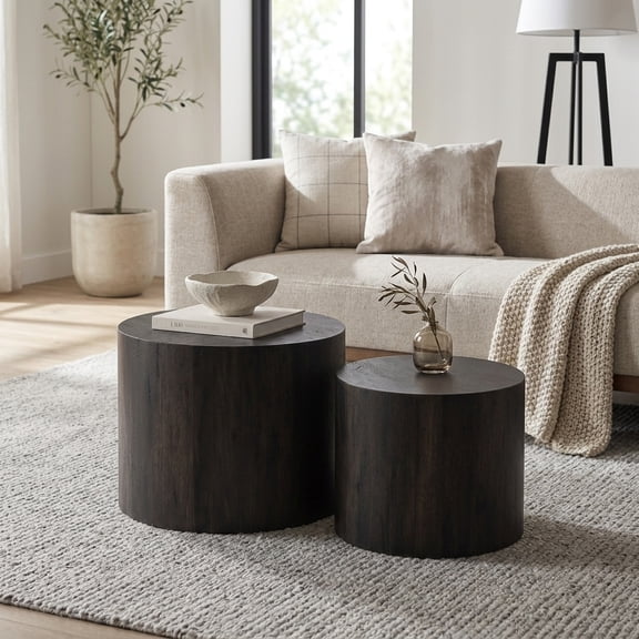 Nesting Coffee Table Set of 2 Round Wooden Tables - Modern Black Woodgrain