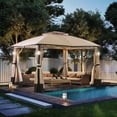thumbnail image 2 of 11' x 13' Patio Gazebo with LED Lighting, Sturdy Outdoor Shelter Canopy featuring a Durable Metal Frame, Dual Roof Design, Mesh Netting, and Curtains for Garden, Lawn, or Backyard Use, 2 of 8