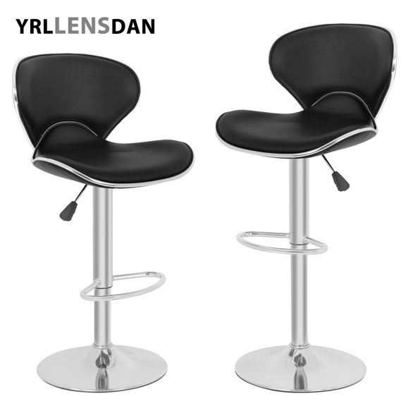 YRLLENSDAN Adjustable Bar Stools Set of 2 with Back and Footrest Comfy Curved Bar Chairs Set of 2 Kitchen Island Chairs with Metal Base Leather Upholstered Swivel Counter Height Stools,Black