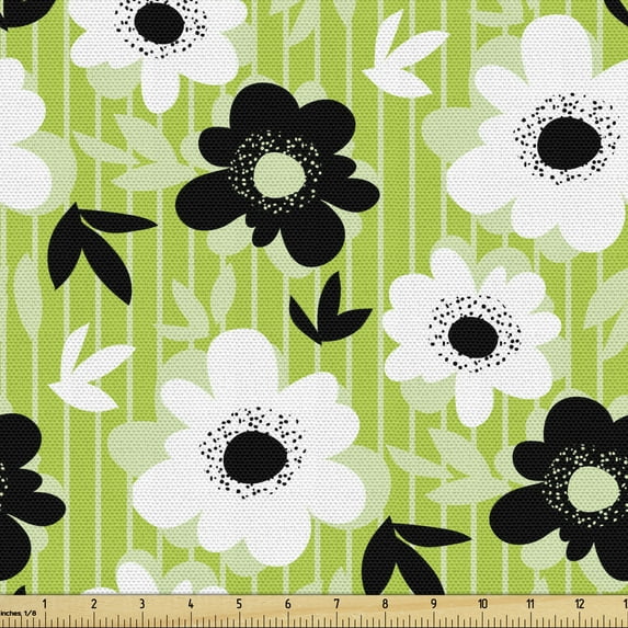 Spring Fabric by the Yard, Striped Backdrop with Birds Silhouettes and Blossoming Flowers, Decorative Upholstery Fabric for Chairs & Home Accents, 5 Yards, Apple Green Grey by Ambesonne