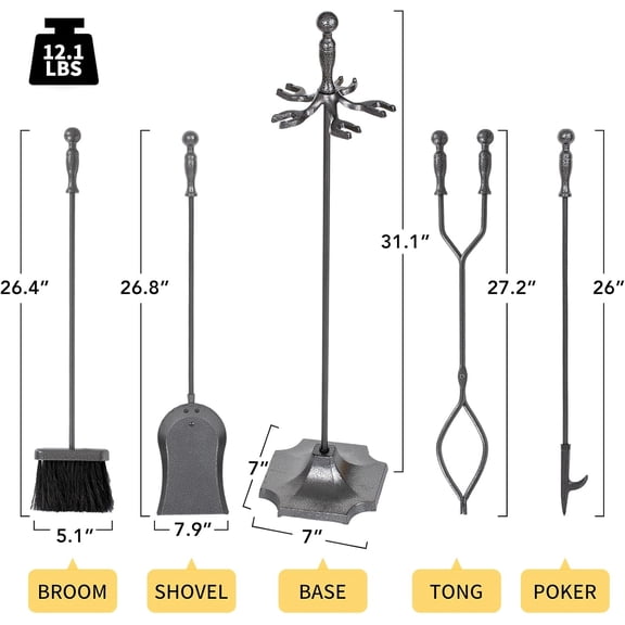 5 Pieces Fireplace Tools Set, Wrought Iron with Silver Pattern Fireplace Accessories Set with Poker, Tong, Shovel, Brush, Fire Place Tools Indoor Outdoor (Grey)