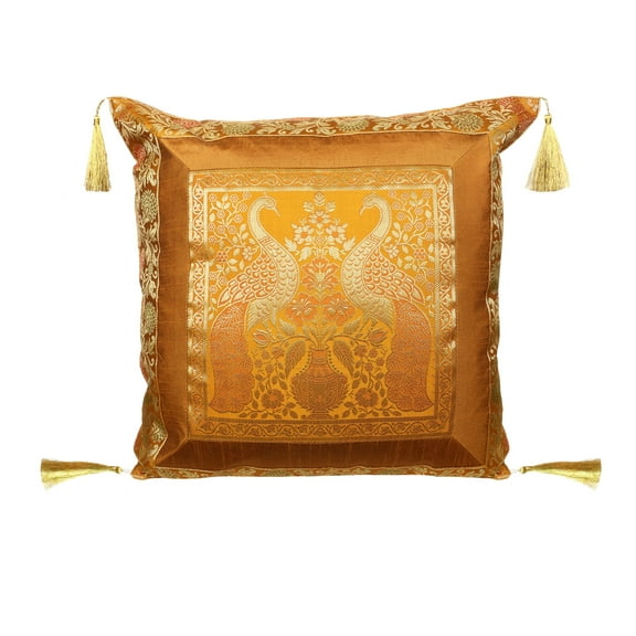 Stylo Culture Indian Brocade Home Decor Throw Pillow Sham Cover Mustard Yellow Gold 18x18 Jacquard Tassels Sofa Cushion Cover 45 x 45 cm Polydupion Silk Zippered Peacock Pillow Case | 1 Pc