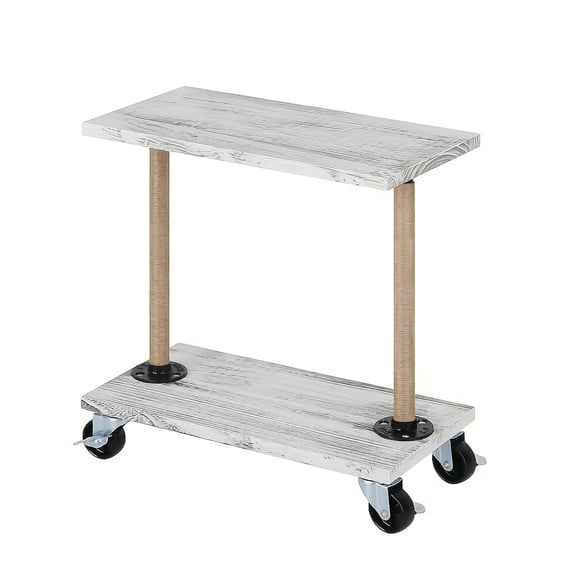Modern Farmhouse Narrow End Table with Wheels - Slim Metal Rolling Side Table with Marble-Effect Top