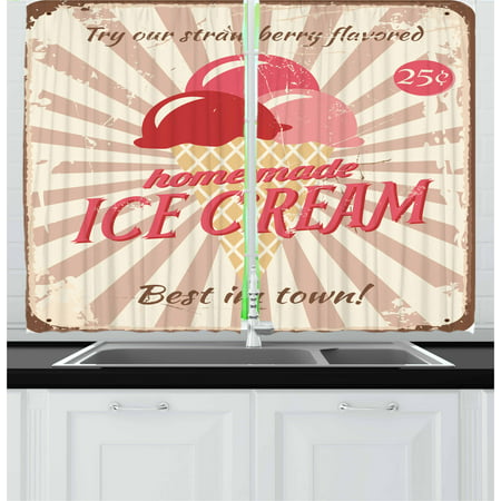 Ice Cream Curtains 2 Panels Set, Vintage Style Sign with Homemade Ice Cream Best in Town Quote Print, Window Drapes for Living Room Bedroom, 55W X 39L Inches, Red Coral Cream Tan, by (Best Lighting For Corals)