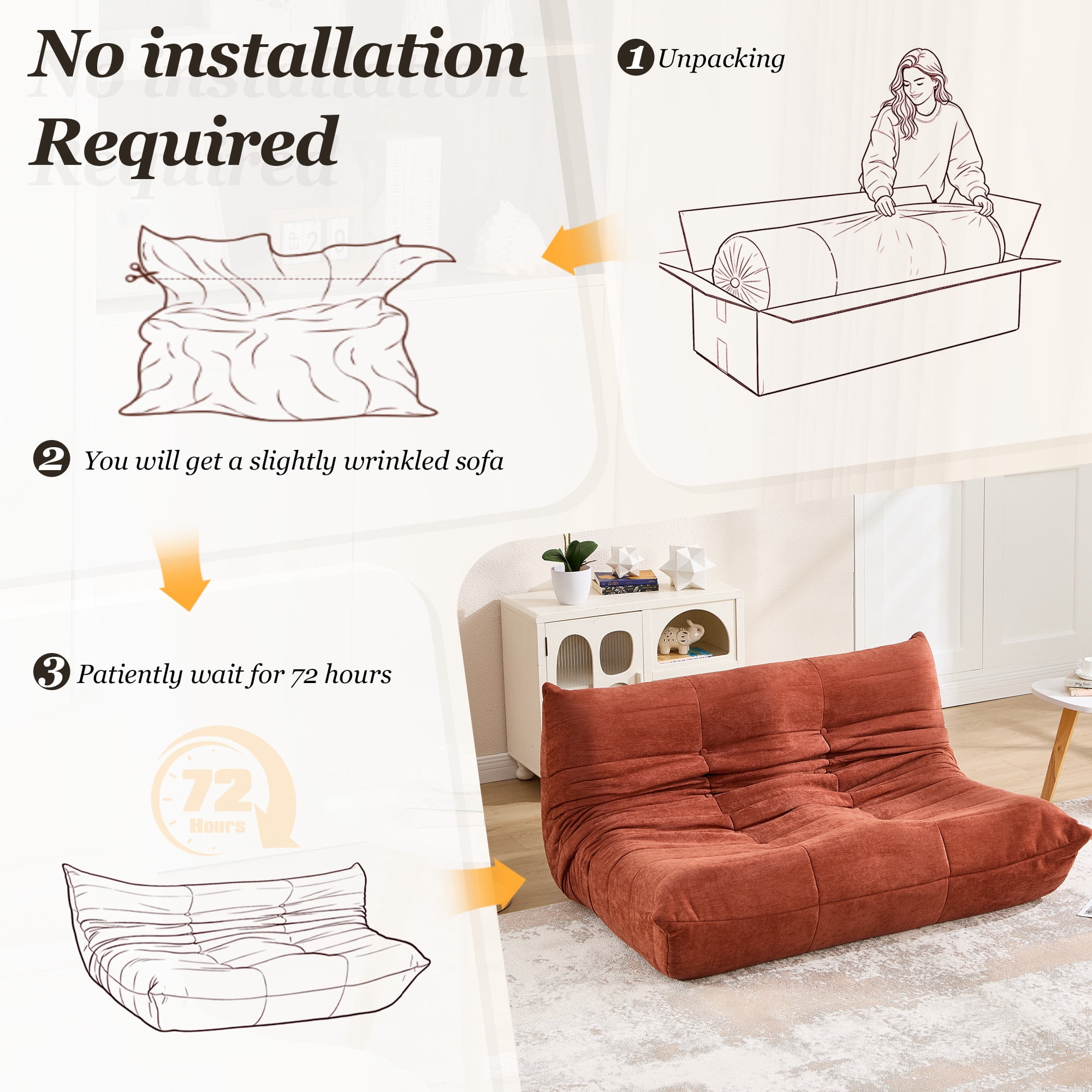 MOONMISS 53.14" Chenille Upholstered Oversized Lazy Sofa, 2-Seater Floor Sofa, Deep Seat Floor Bean Bag Loveseat for Cozy Home Decor, Orange