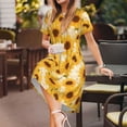 thumbnail image 3 of Picia Vintage Marble Pattern Sunflower Pattern Women's Short Sleeve Summer Dress Pleated Loose Swing Knee Length Short Sleeve Swing Dresses, 3 of 6