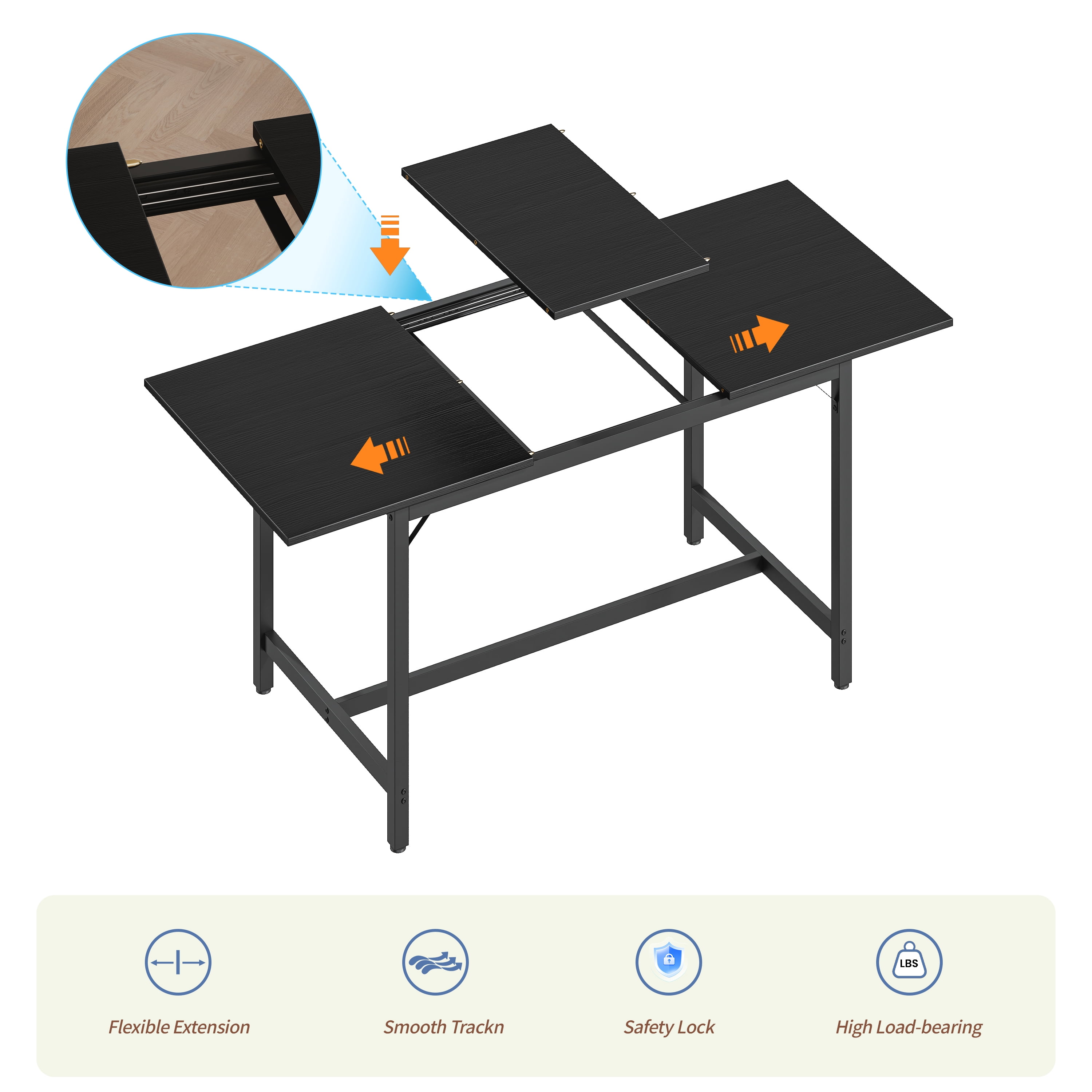 Aukfa 63" Extendable Dining Table Set for 4-8, 3-Piece Kitchen Table Set with 2 Benches & 2 Stools, Space Saving Wood Table & Metal Frame,Black