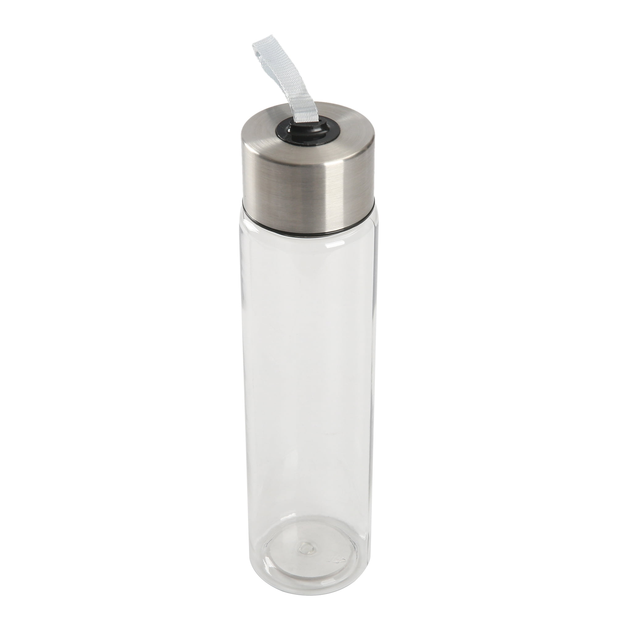 Mainstays 18 oz Plastic Clear Water Bottle with Stainless Steel Screw Cap Lid and Strap, 1 Each Included