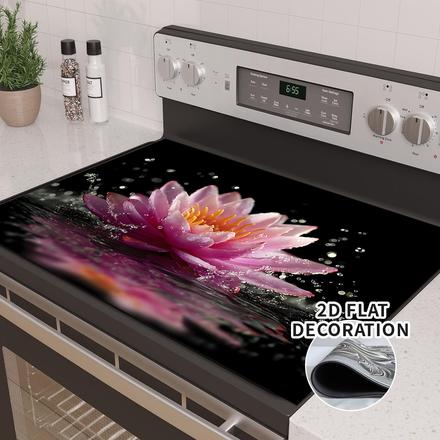 Lotus Stove Cover, Black Non Slip Kitchen Electric Stove Pad Washable 20x28inch, Heat Resist Gas Range Mat Induction Kitchen Decor Cooktop Protector Pad, 1Pc
