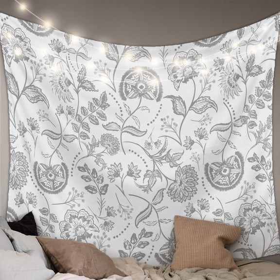 Grey Farmhouse Tapestry for Bedroom Wall Hanging Tapestry, Floral Floral Plant Leaf Vintage Spring Ceiling Backdrop Tapestries Poster Blanket Wall Decor for Teens Room Living Room Dorm 59" x 79"