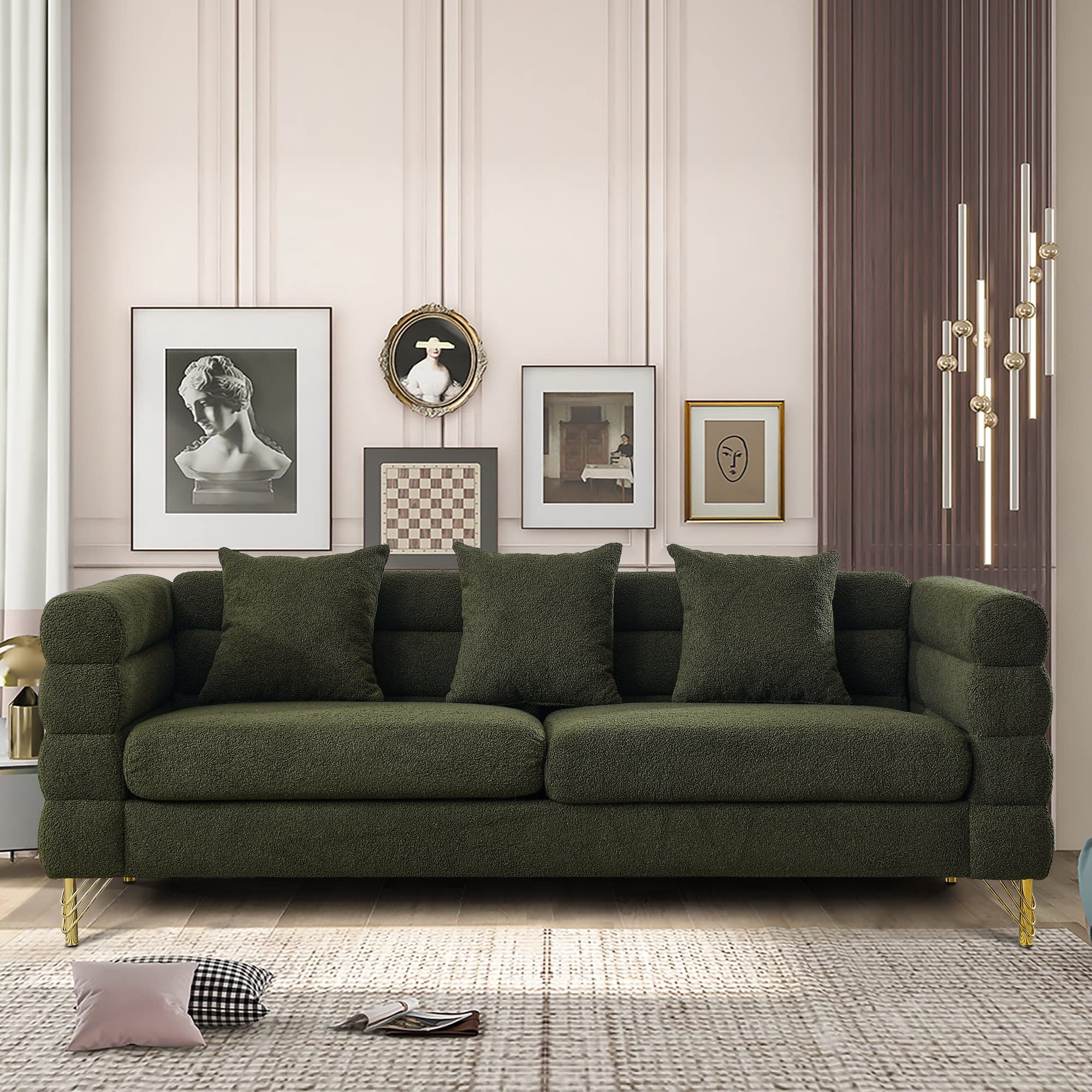 81"L Couches and Sofas, Atumon 3-Seat Sofa Couch, Mid-Century Upholstered Sofa Furniture with 4 Metal Legs and 3 Pillows, Modern Sofa for Living Room Bedroom Apartment, 81"L x 32"W x 28"H, Green