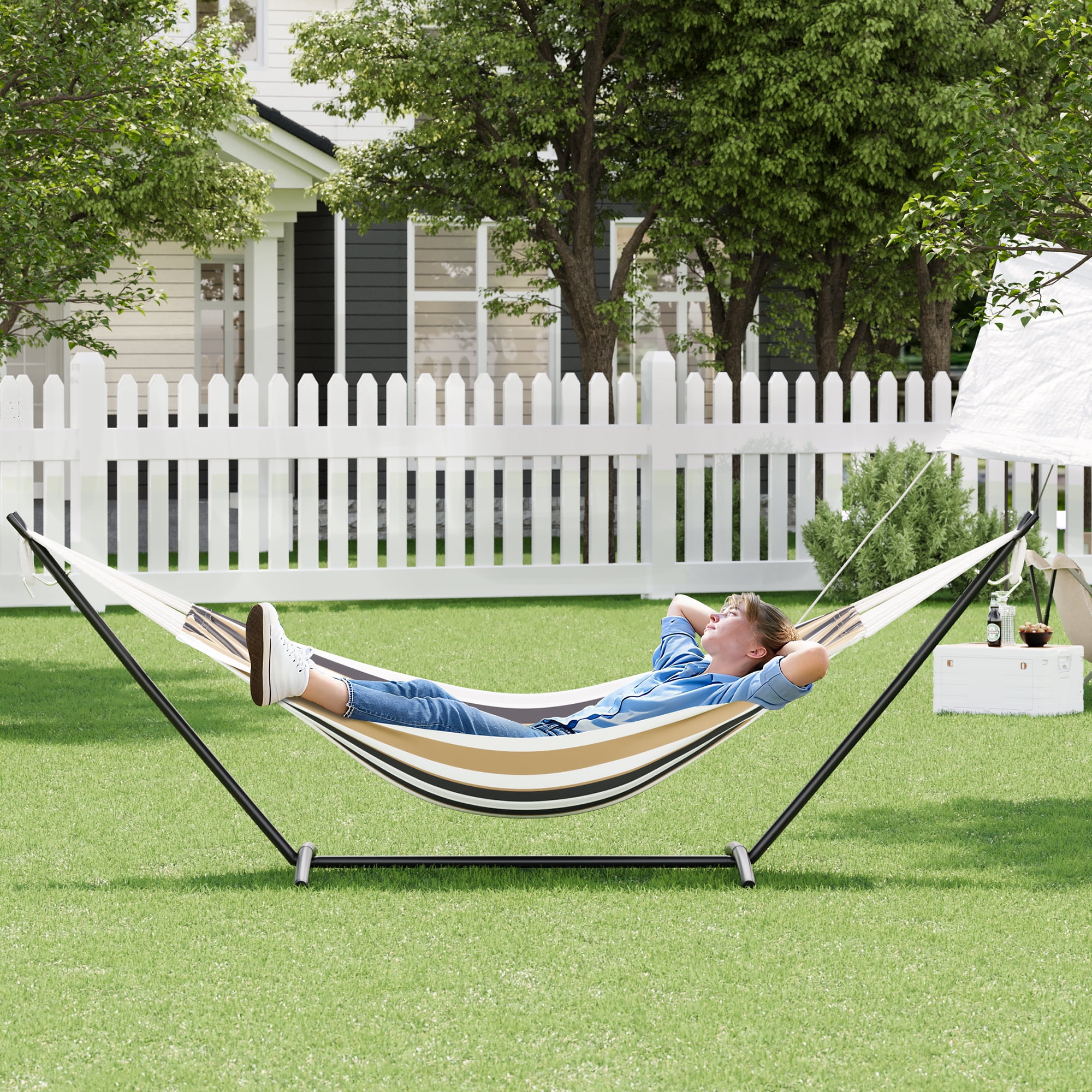 Heavy Duty Double Hammock with Steel Stand, Adjustable 2 Person Hammock Chair, Portable Indoor/Outdoor Swing, 450 lbs Capacity, Backyard, Garden, Camping, Includes Carry Bag