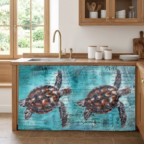 Coastal Sea Turtle Cabinet Curtain 28"Wx51"L,Dustproof Storage Cabinet Curtain with Self Adhesive Tape,Blue Nautical Summer Beach Vintage Tall Pantry Cover Drape for Kitchen,Utility Closet