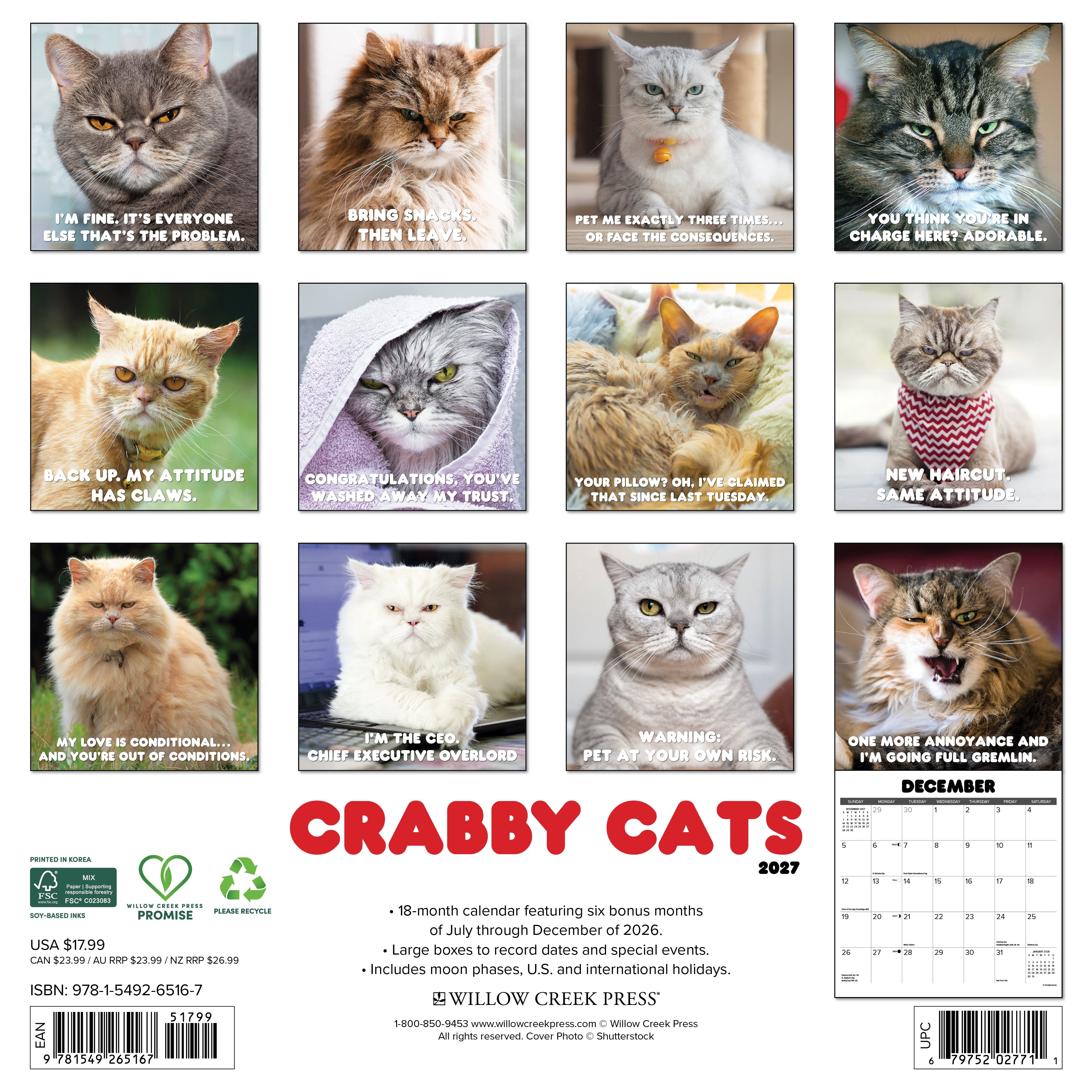 Willow Creek Press, Crabby Cats 2027 Wall Calendar