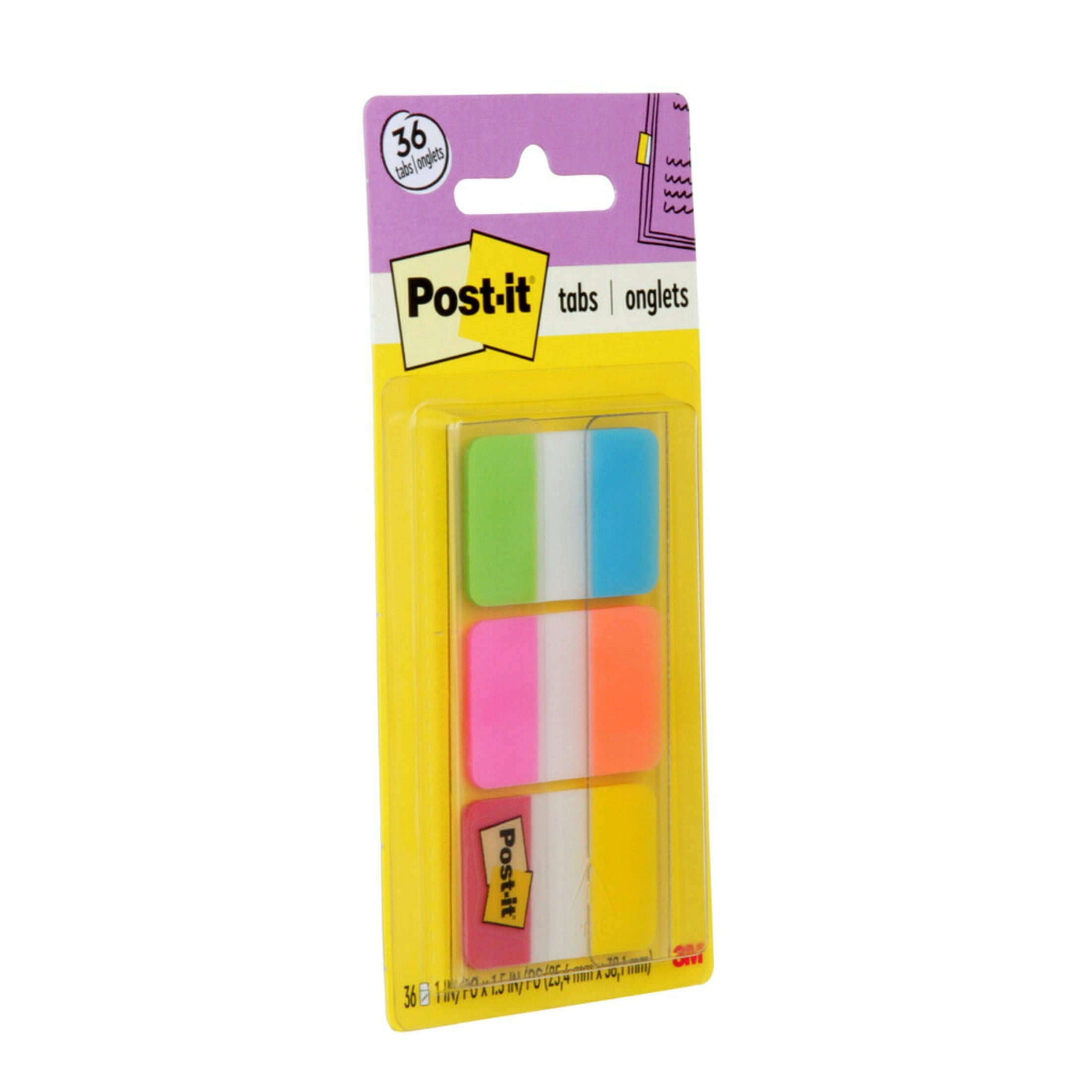 Post-it Tabs, 1" Wide Aqua, Yellow, Pink, Red, Green, Orange, 36 Tabs
