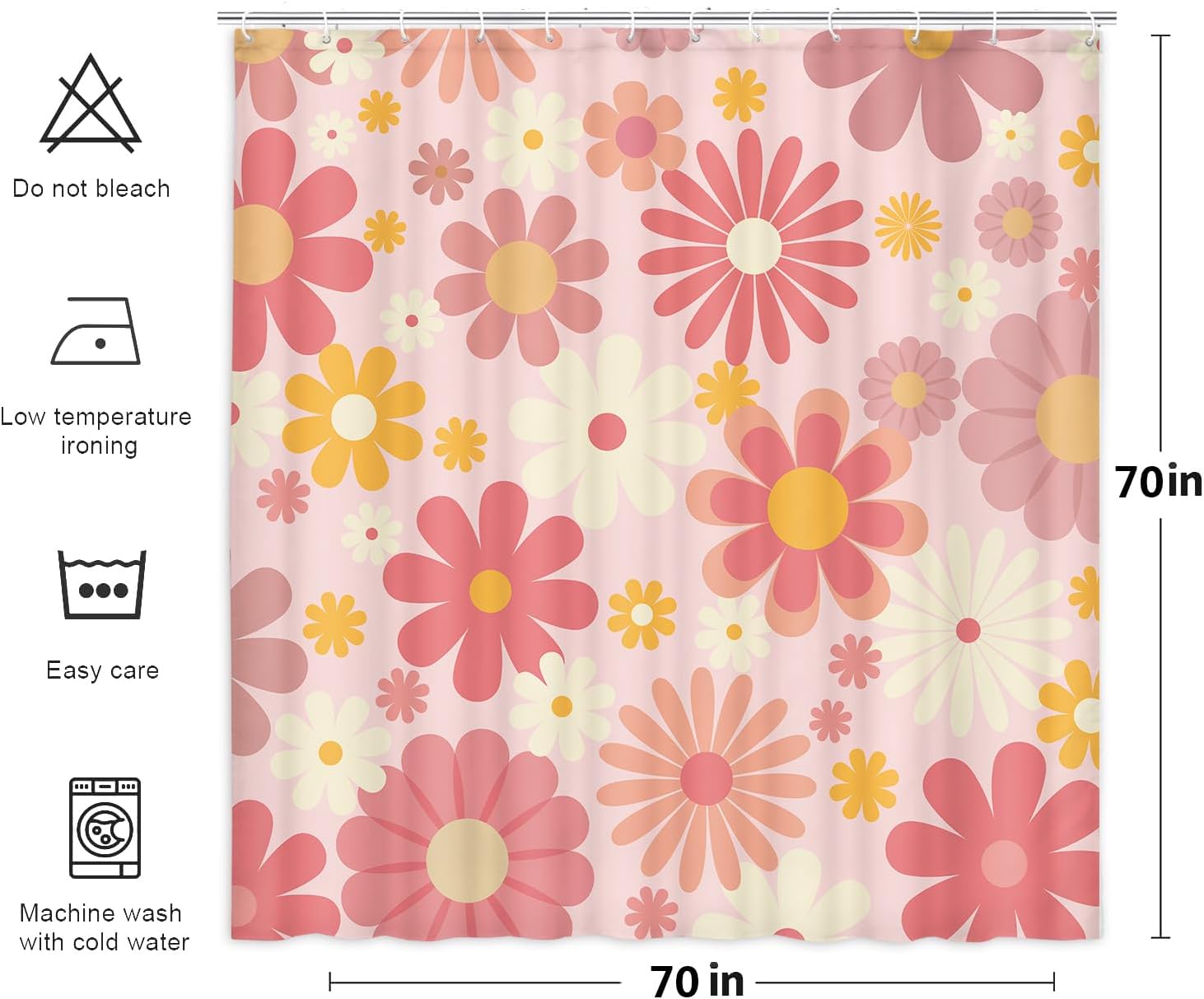 Cute Flower Shower Curtain, Vintage Hippie Funky 70s Sun Flowers Shower Curtains for Bathroom Decor, Pastel Pink Flora Groovy Boho Aesthetic Girls Shower Curtain with 12 Hooks, 72X72in