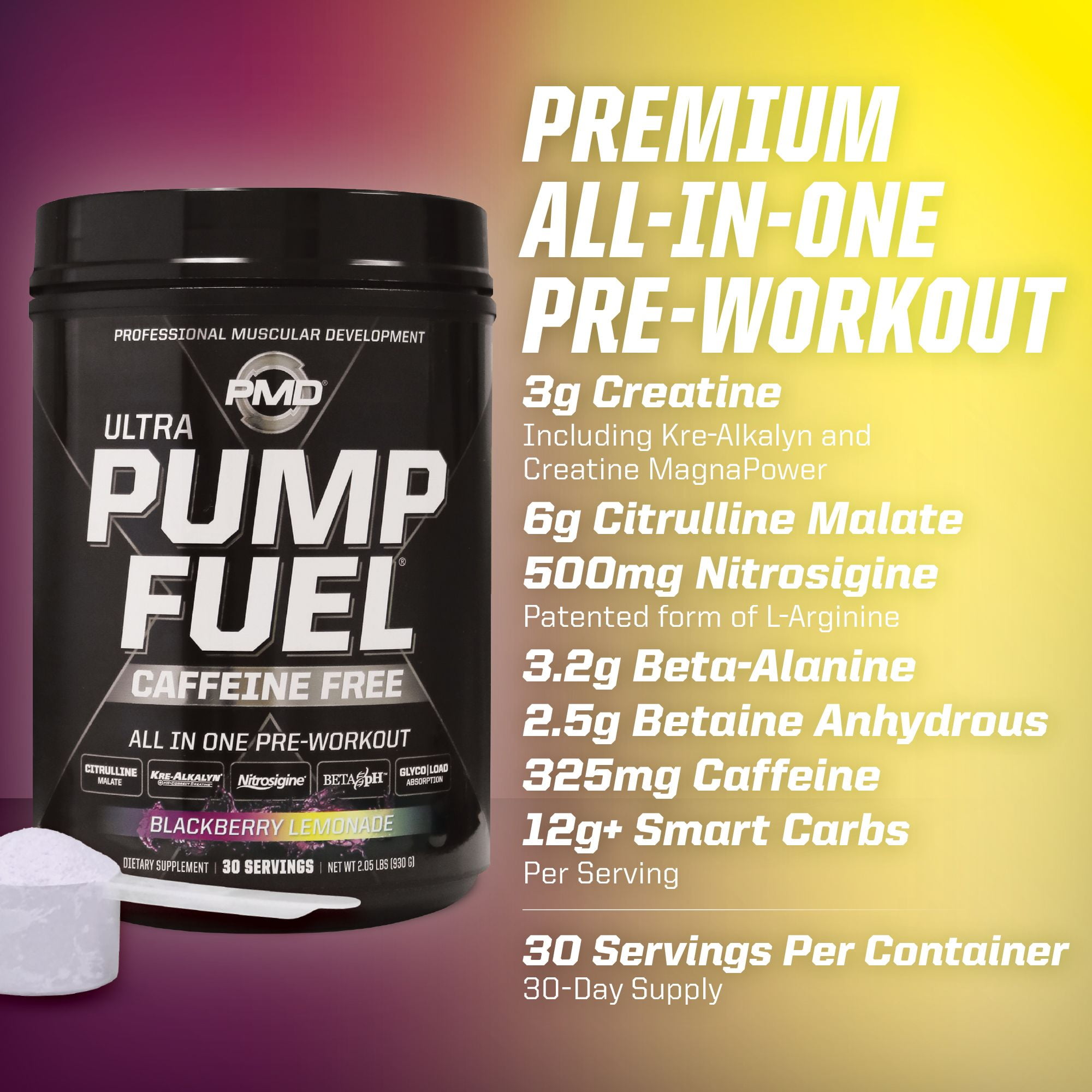 PMD Sports Ultra Pump Fuel Caffeine Free - Pre Workout Drink Mix - Energy, Strength, Endurance, Muscle Pumps And Recovery Complex Carbohydrates And Amino Energy - Blackberry Lemonade (30 Servings)