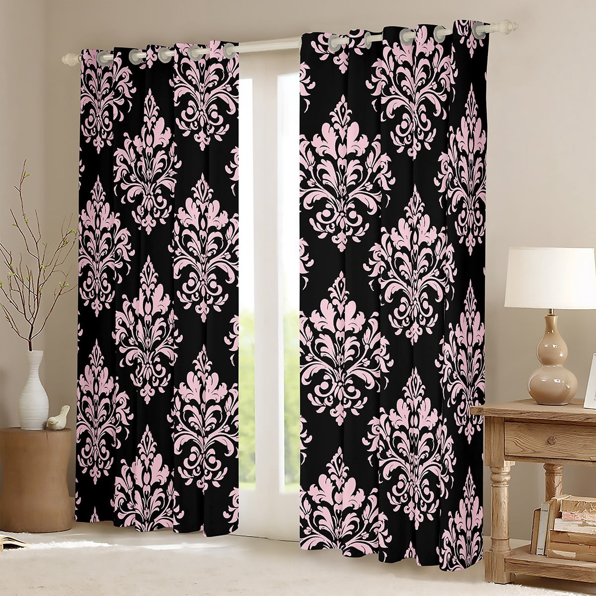Erosebridal Gothic Floral Curtains Pack of 2(38x45),Pink Black Jacquard Black Out Curtains,Boho Bohemain Flower Curtains for Living Room,Lightweight Room Decor