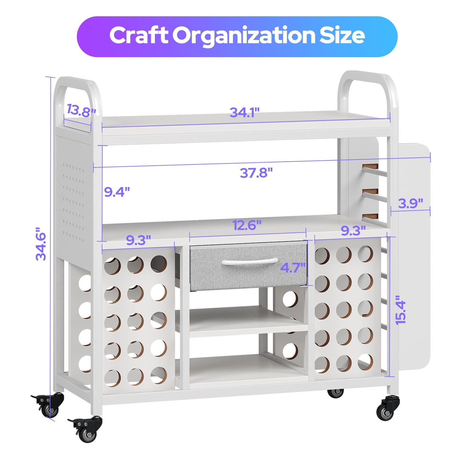 Craft Storage Organizer Cart with Wheels, Rolling Craft Table Workstation Compatible with Cricut Machine, Vinyl Roll Holder & Hooks Up, All-in-One Crafting Cabinet Cutting Stand for Supplies, Tools
