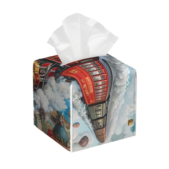 Fotbe Red Train Hot Air Balloon Porta Pañuelos Decorativo de Cuero, Caja Cuadrada Moderna para Pañuelos Faciales, Organizador y Dispensador 5x5x5''