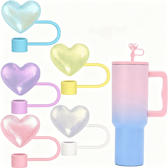 ACDANC Heart Straw Toppers,5 Pieces Bling Cute Straw Cover Tips for 30&40 Oz Tumbler with Handle,Dust-Proof Reusable Straw Lids