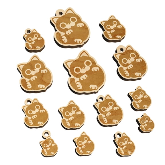Round Cat Playful Wood Mini Charms Shapes DIY Craft Jewelry - With Hole - Various Sizes (16pcs)