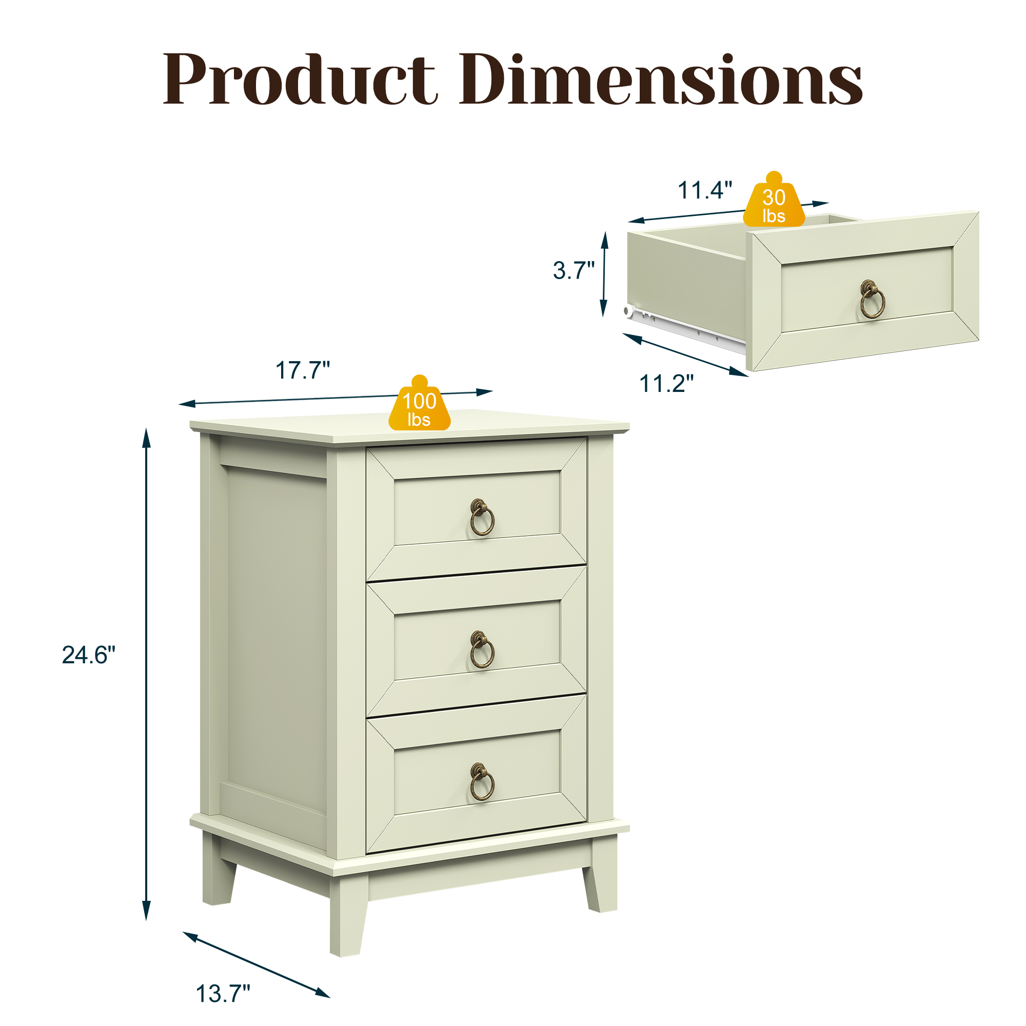 CozyHome Beige Nightstand Set of 2: Slim 3-Drawer Tall Wood Dressers, Space-Saving Bedside Tables for Small Rooms, Bedroom, or Dorm