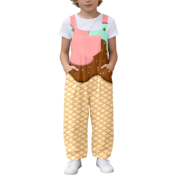 BOOMNY Girls Jumpsuits Ice Cream Graphic Sleeveless Spaghetti Strap Romper for Kids Soft Jumpsuit With Pockets
