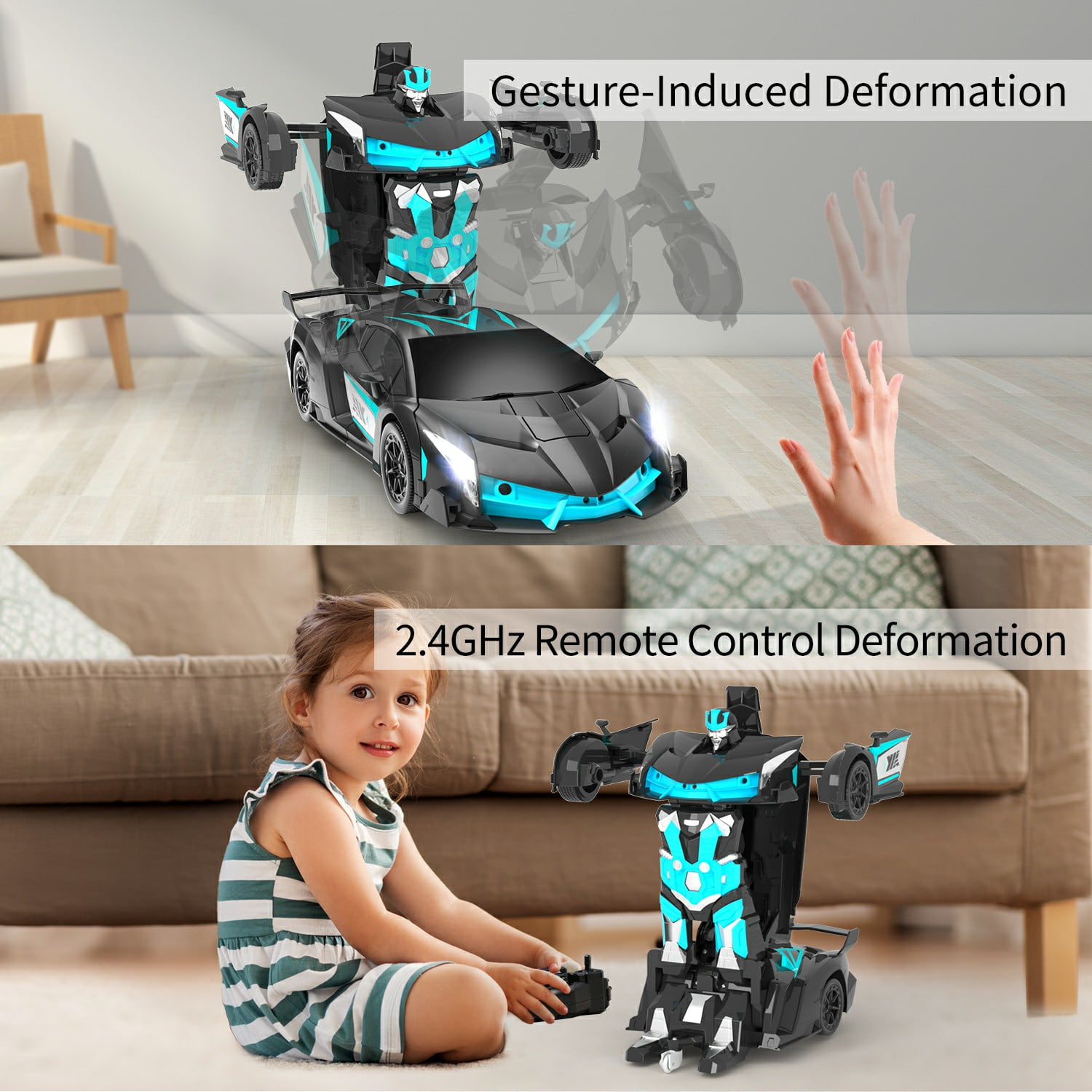Remote Control Car, Transform Robot RC Car for Kids, 2.4Ghz 1:12 Scale Model Racing Car with One-Button Deformation, 360°Drifting, Transforming Robot Car Toy Gift for Boys and Girls