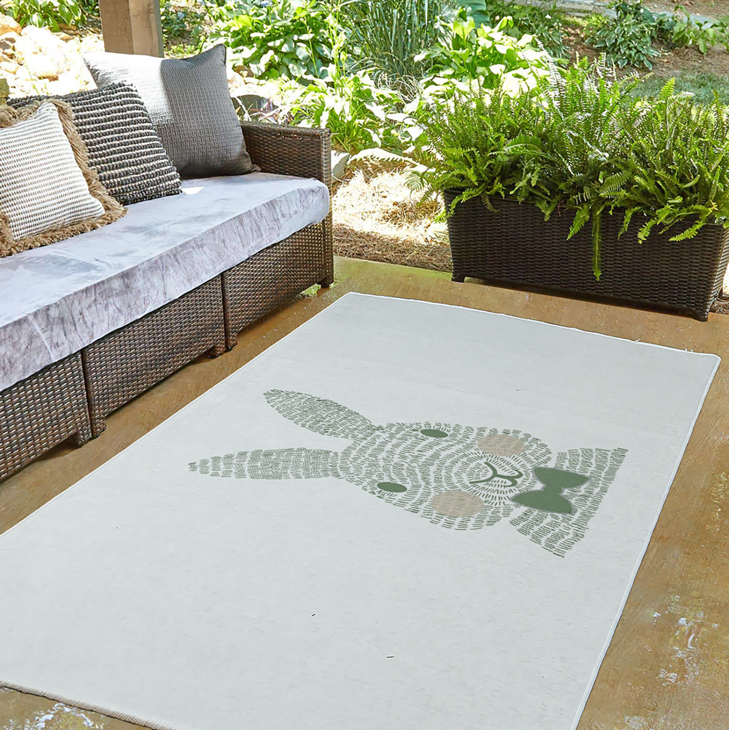 Simply Daisy 3' x 5' Laurel Tree Green Monochrome Bunny Easter Chenille Indoor/Outdoor Rug