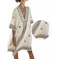 thumbnail image 2 of Women Beach Boho Color Block Swing Flowy Mini Dress Half Sleeve V Neck Side Slit Short Dress Color M, 2 of 5