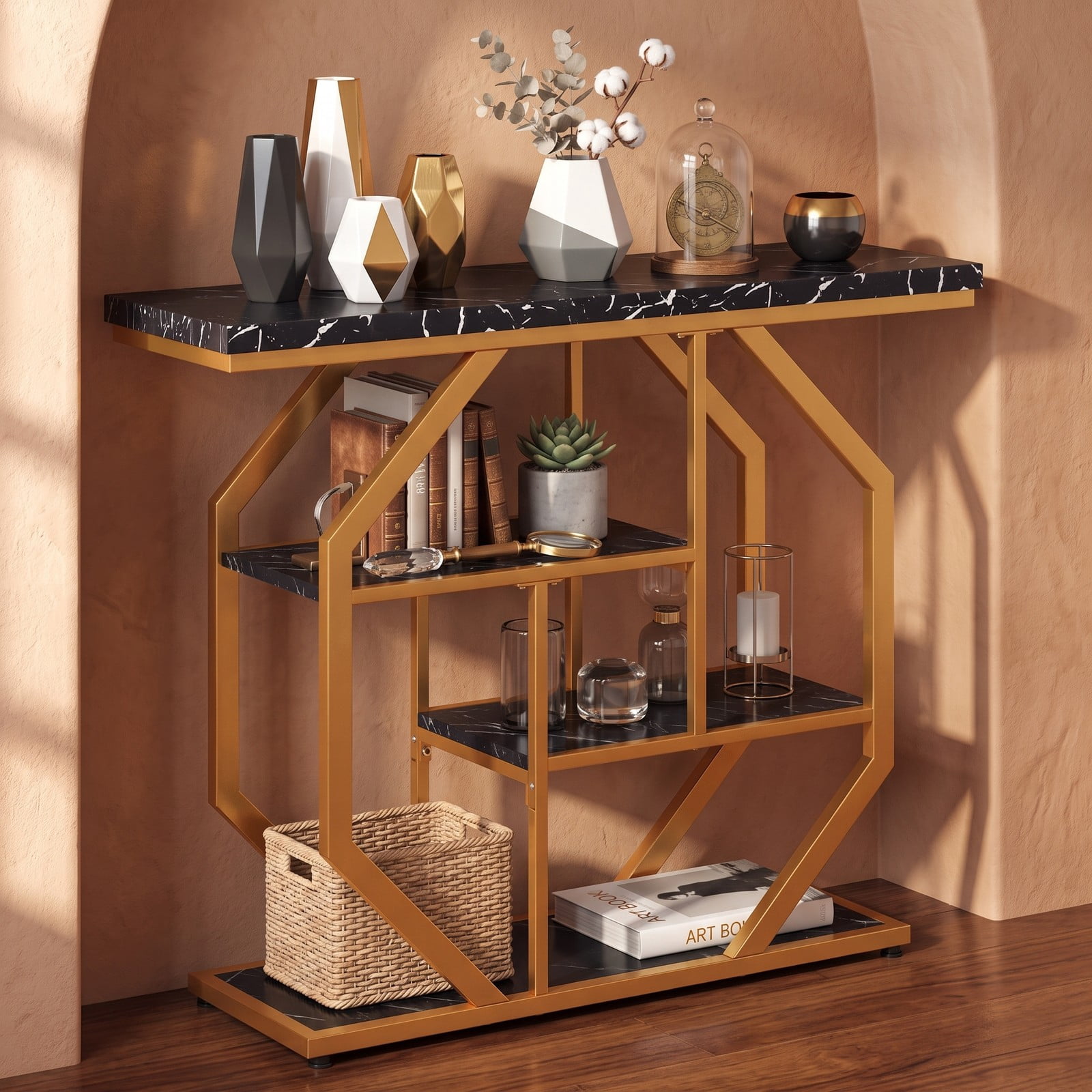 Furnibear Modern Sofa Table Behind Couch 4-Tier Console Table with Faux Marble Tabletop and Open Shelves, Black and Gold