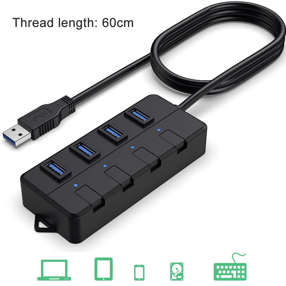 VEMONT USB hub Aluminum USB 3.0 Data Hub with Individual On/Off Switches and LED Lights for Laptop Computer 4ft/120cm 4port PC 