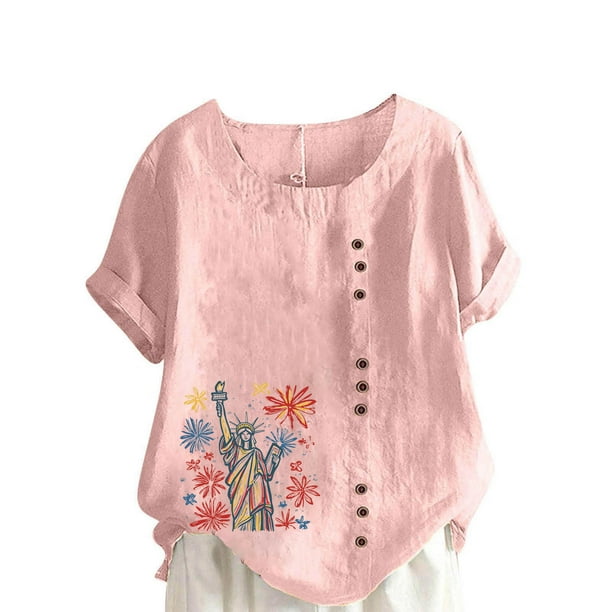 Vestidos Casuales Para Mujer, Blusas De Mujer De Moda Blusa informal de lino con botones y manga corta estampada para mujer