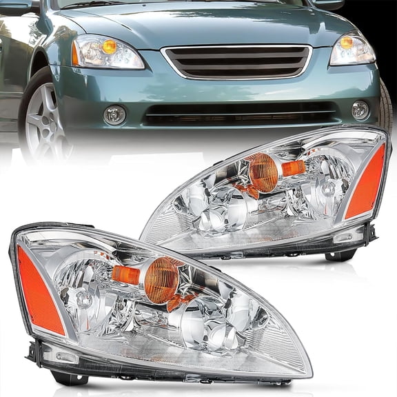 Nilight Headlight Assembly Compatible with 2002 2003 2004 Nissan Altima Chrome Housing Amber Reflector Clear Lens Headlights Assembly Replacement Driver and Passenger Side 2 Years Warranty