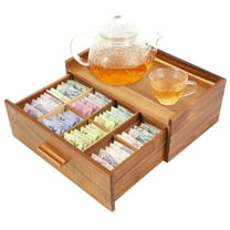 Dongyi Acacia Wood Tea Organizer with 8 Compartments - Countertop Tea Box for Bags and Accessories, Wooden Tea Station Chest with Drawer, Kitchen Counter Storage