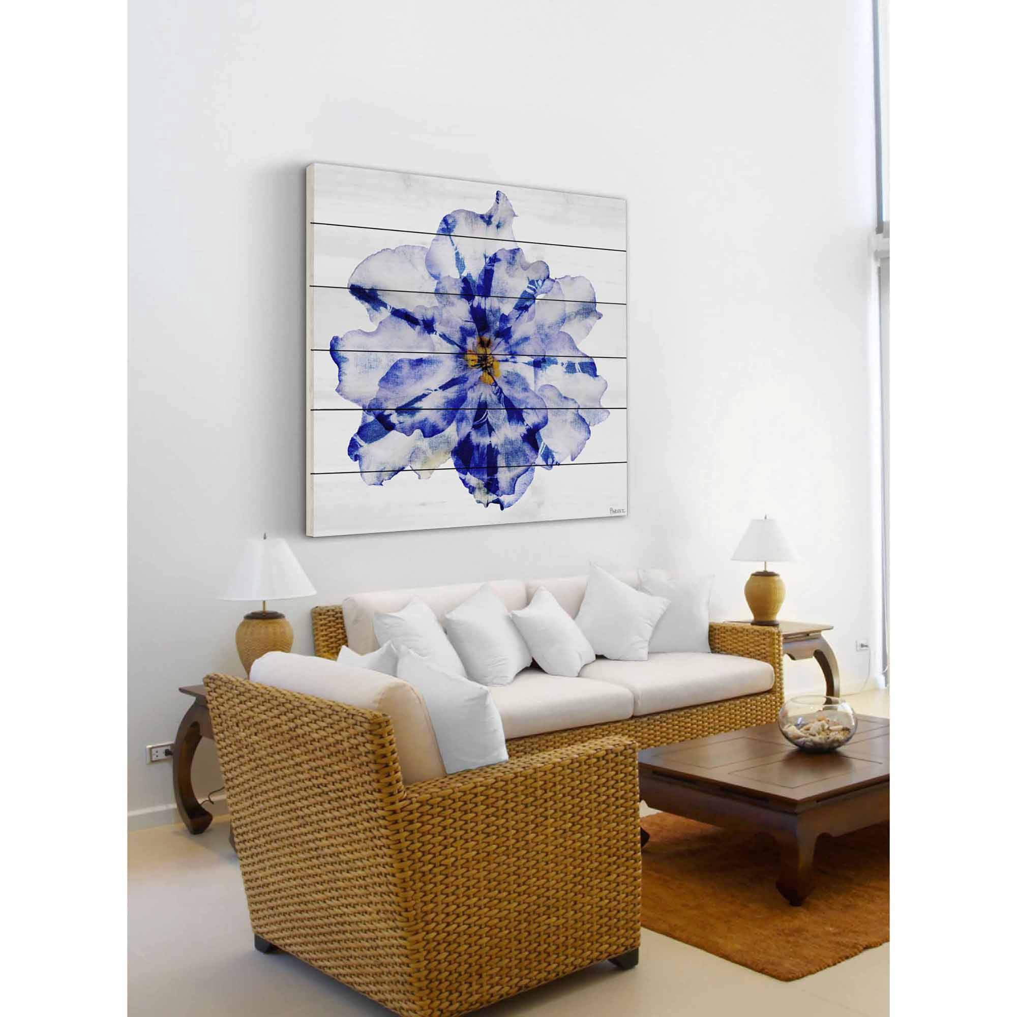 Parvez Taj Blue and White Flower Art Print on White Pine Wood