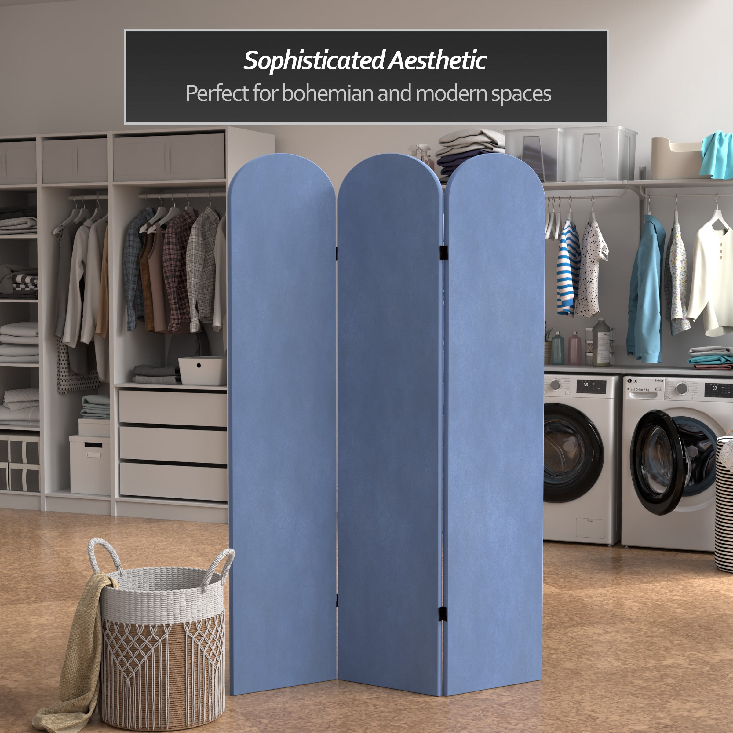 6 ft. Classic Arch Velvet Room Divider Blue 3 Panel