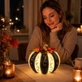 thumbnail image 4 of Halloween Decorations Decorative Pumpkin Light, Black and Ivory Striped Resin Pumpkin with Gold Scrollwork, Fall Leaves, Berries and Pine for Tabletop Home Decor, 4 of 5