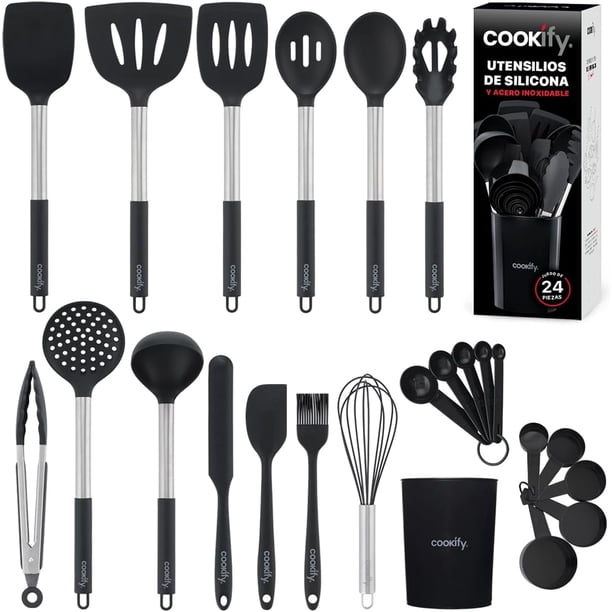 Juego de Utensilios de Cocina Silicona y Acero Inoxidable Accesorios para Cocinar (Negro - Plateado, Set 24 Pzas),Negro - Plateado