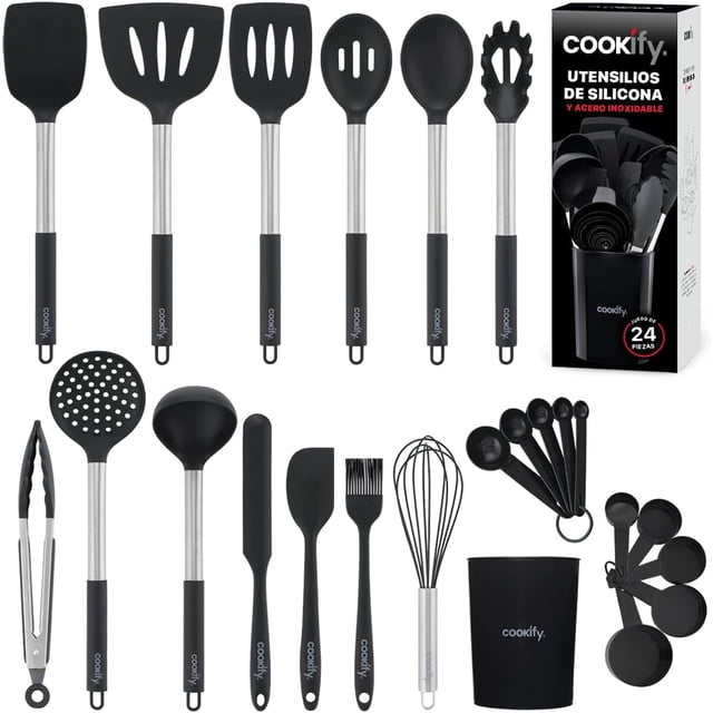 Juego de Utensilios de Cocina Silicona y Acero Inoxidable Accesorios para Cocinar (Negro - Plateado, Set 24 Pzas),Negro - Plateado