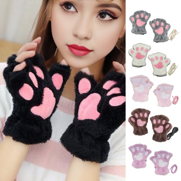 sunsanly 1 Pair Women Winter Gloves Half-finger Cat Paw Shape Thick Plush Elastic Warm Heat Retention Non-slip Windproof Wrist Protection Cycling Riding Mittens