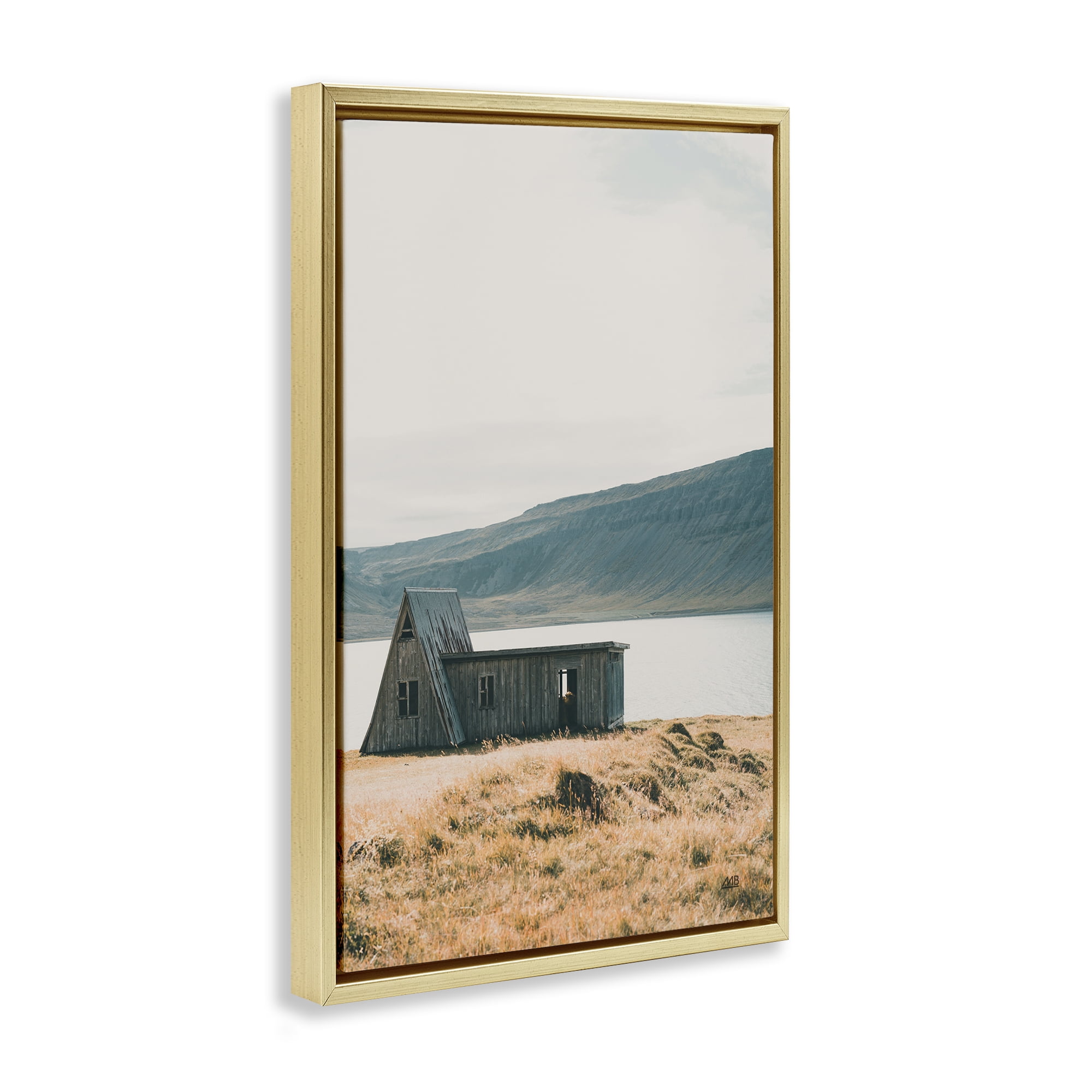 Stupell Industries Iceland Shore Cottage Landscape & Nature Photography Gold Floater Framed Canvas Art Print Wall Art, 17 x 25