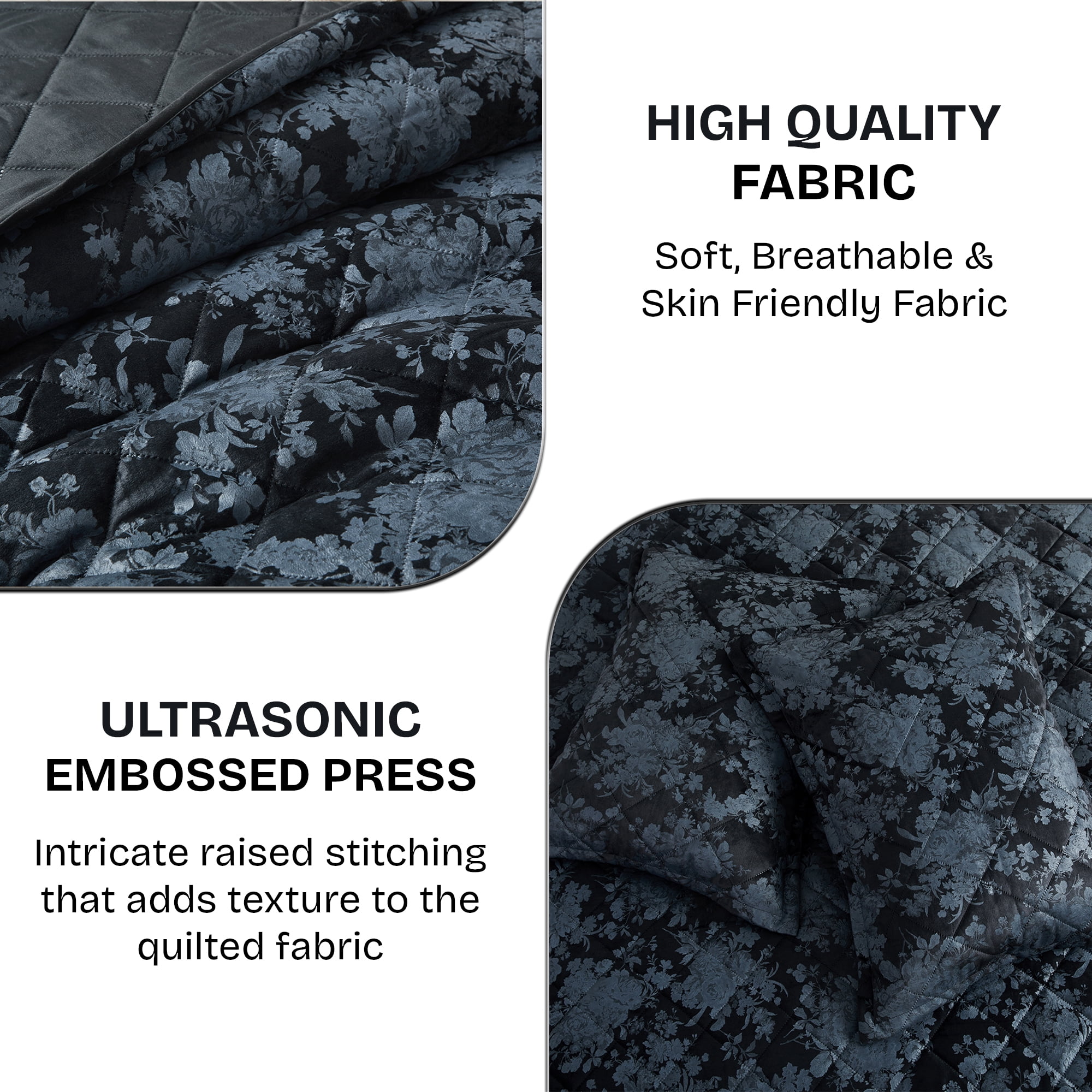 Ameha Luxury Velvet Quilt Floral Diamond Pattern 3-Piece Set Ultrasonic Embossed Bedding Set Ultra Soft Reversible Bedspread Queen Size Black