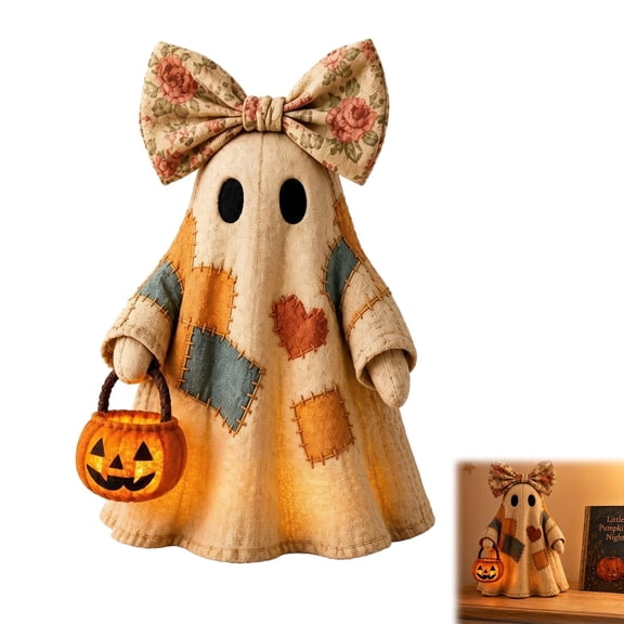 Lighted Vintage Patchwork Ghost Halloween Decor with Pumpkin Lantern Warm Glow Rustic Farmhouse Fall Figurine for Mantel Shelf Porch Entryway Indoor Decoration (Contains a small battery)