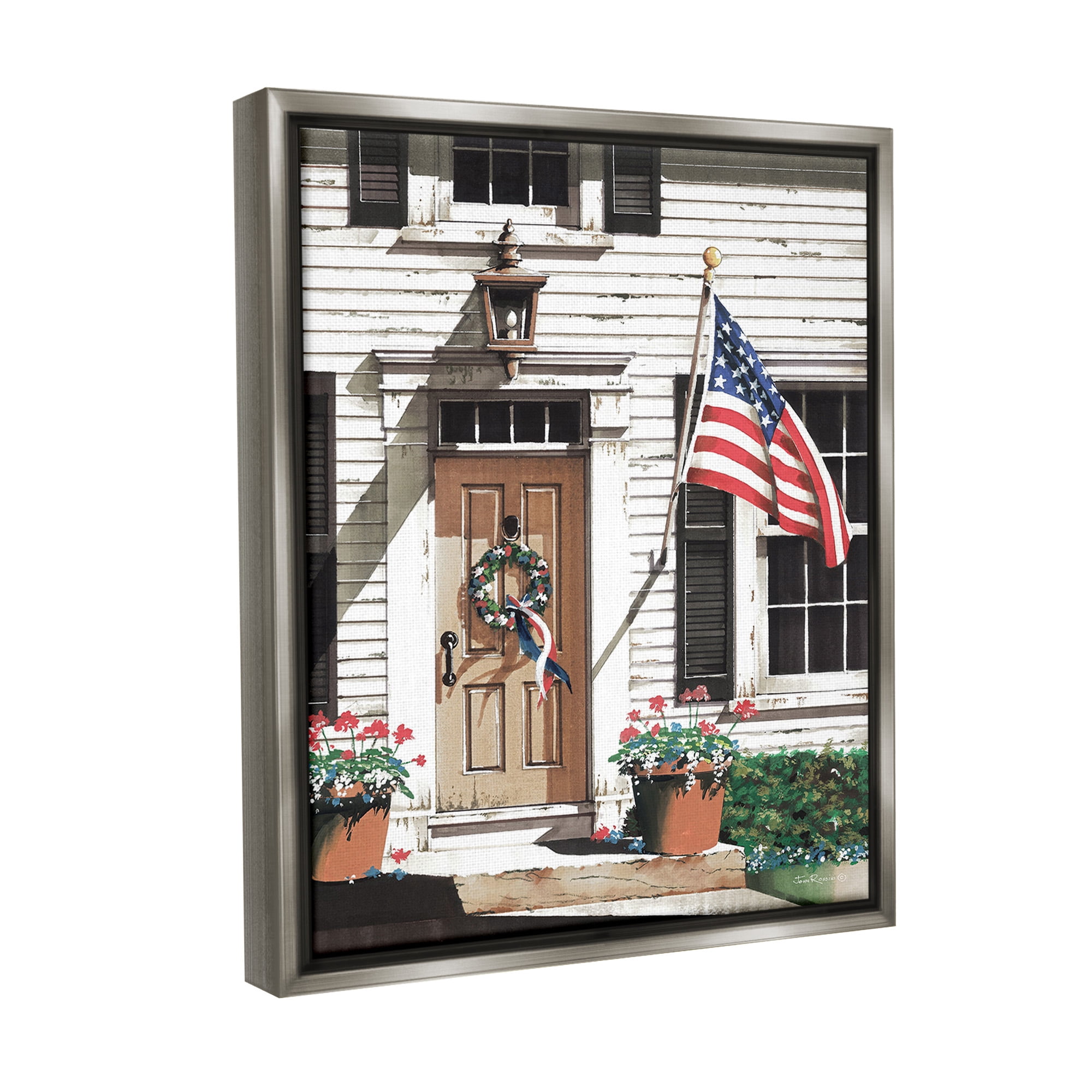 Stupell Industries Country House with Flag Travel & Places Painting Gray Floater Framed Canvas Art Print Wall Art, 25 x 31
