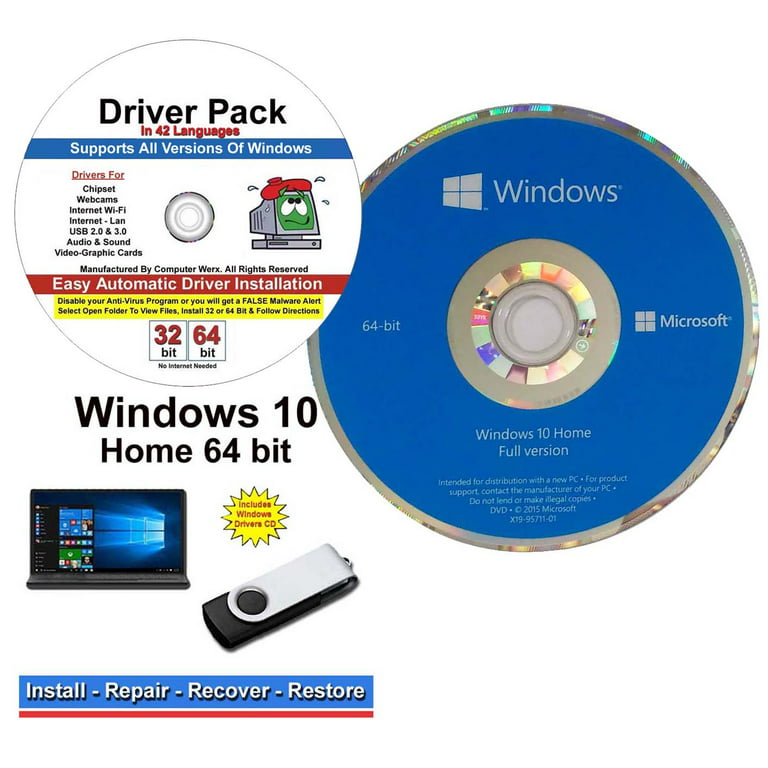 Mandag ovn Arkæologi Microsoft Windows 10 Home OEM 64 bit DVD & Repair restore & Recover USB  Flash Drive & Drivers Pack, 3PK - Walmart.com